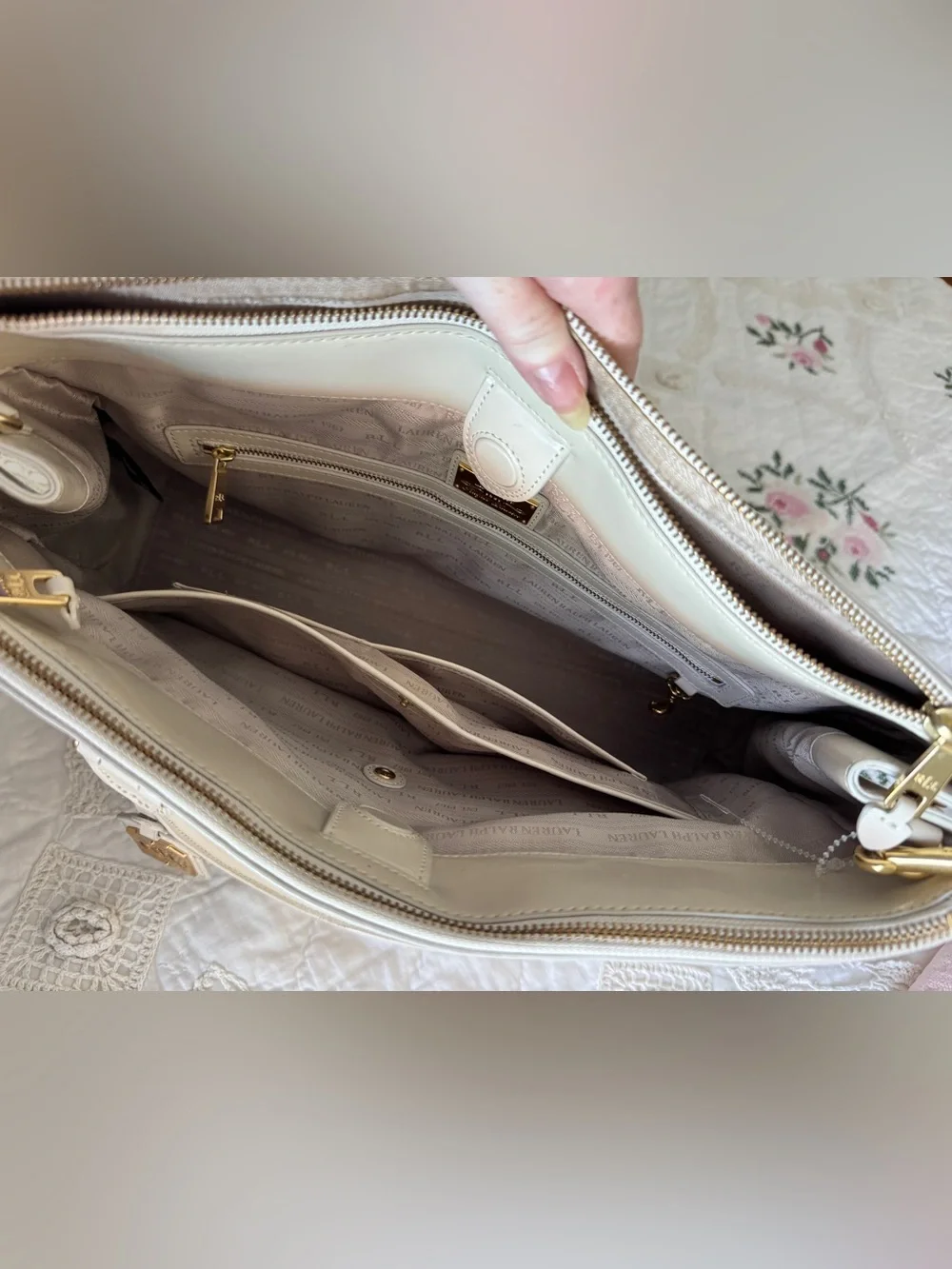 Ralph Lauren “Taylor, Belti Double-Zip Embossed Leather Satchel” in Ivory